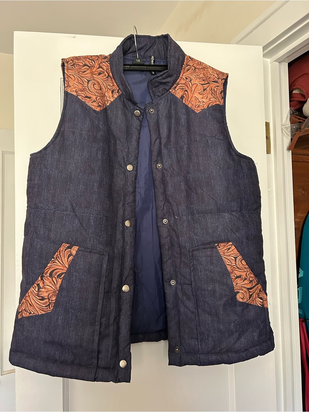 Crazy Train Navy Quilted Vest with Brown Tooled Leather Accents